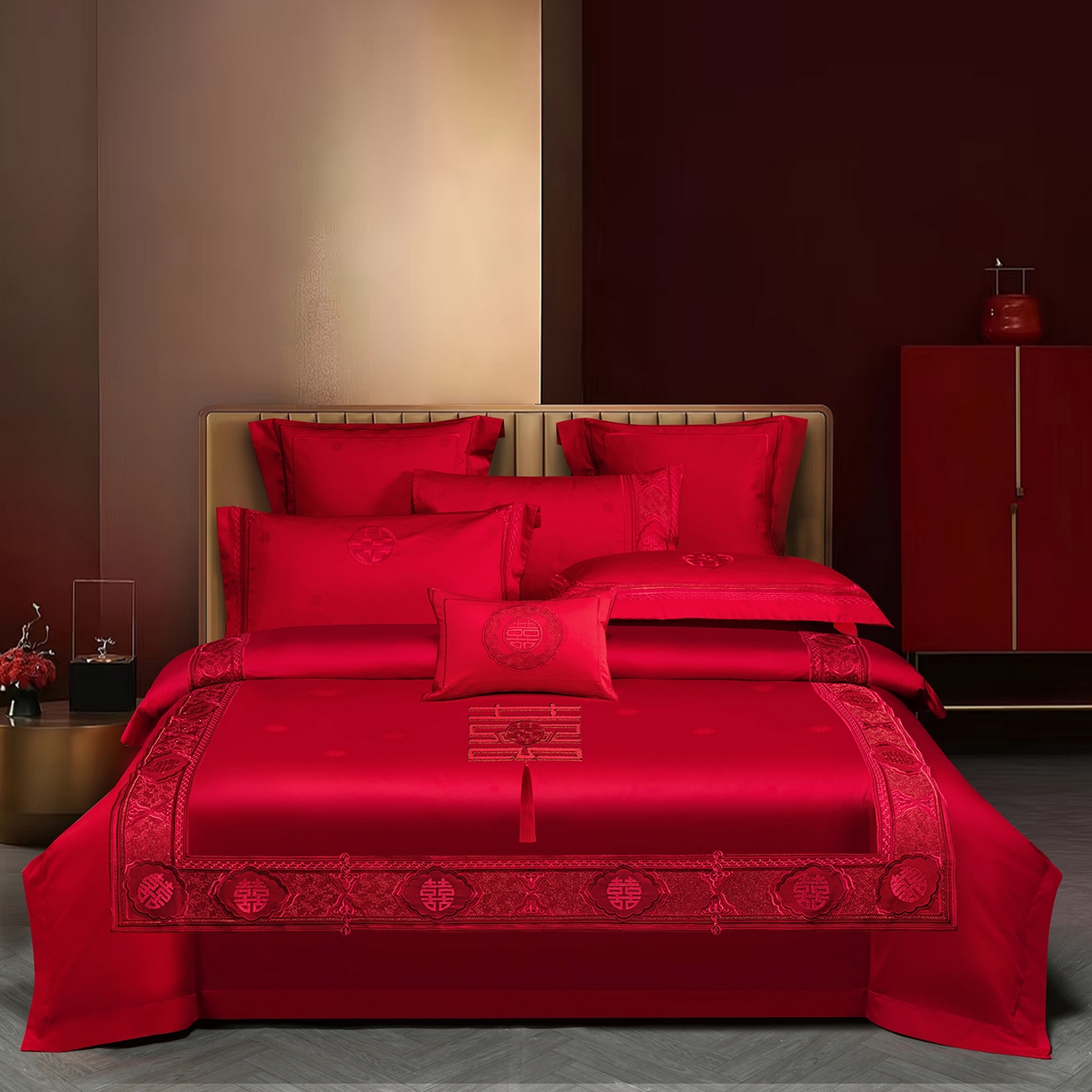 91家纺网 家纺一手货源 找家纺 （总）柏拉图 2025新款100s长绒棉贡缎提花重工艺刺绣婚庆四件套多件套