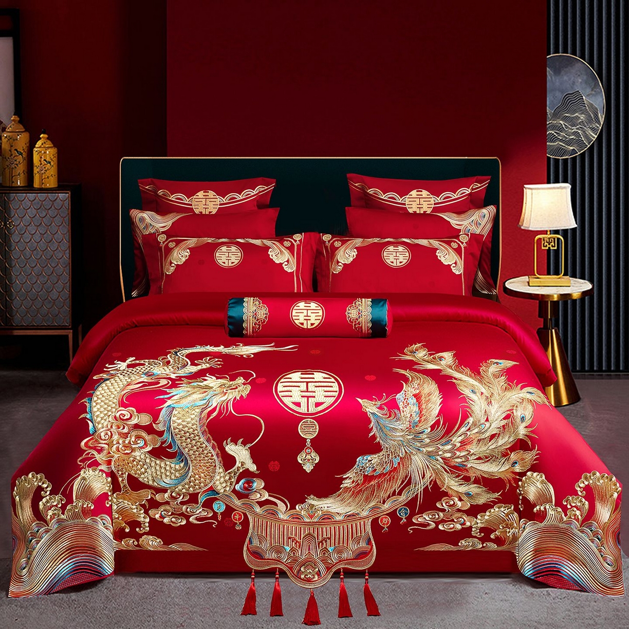 91家纺网 家纺一手货源 找家纺 （总）柏拉图 2025新款100s长绒棉贡缎提花重工艺刺绣婚庆四件套多件套