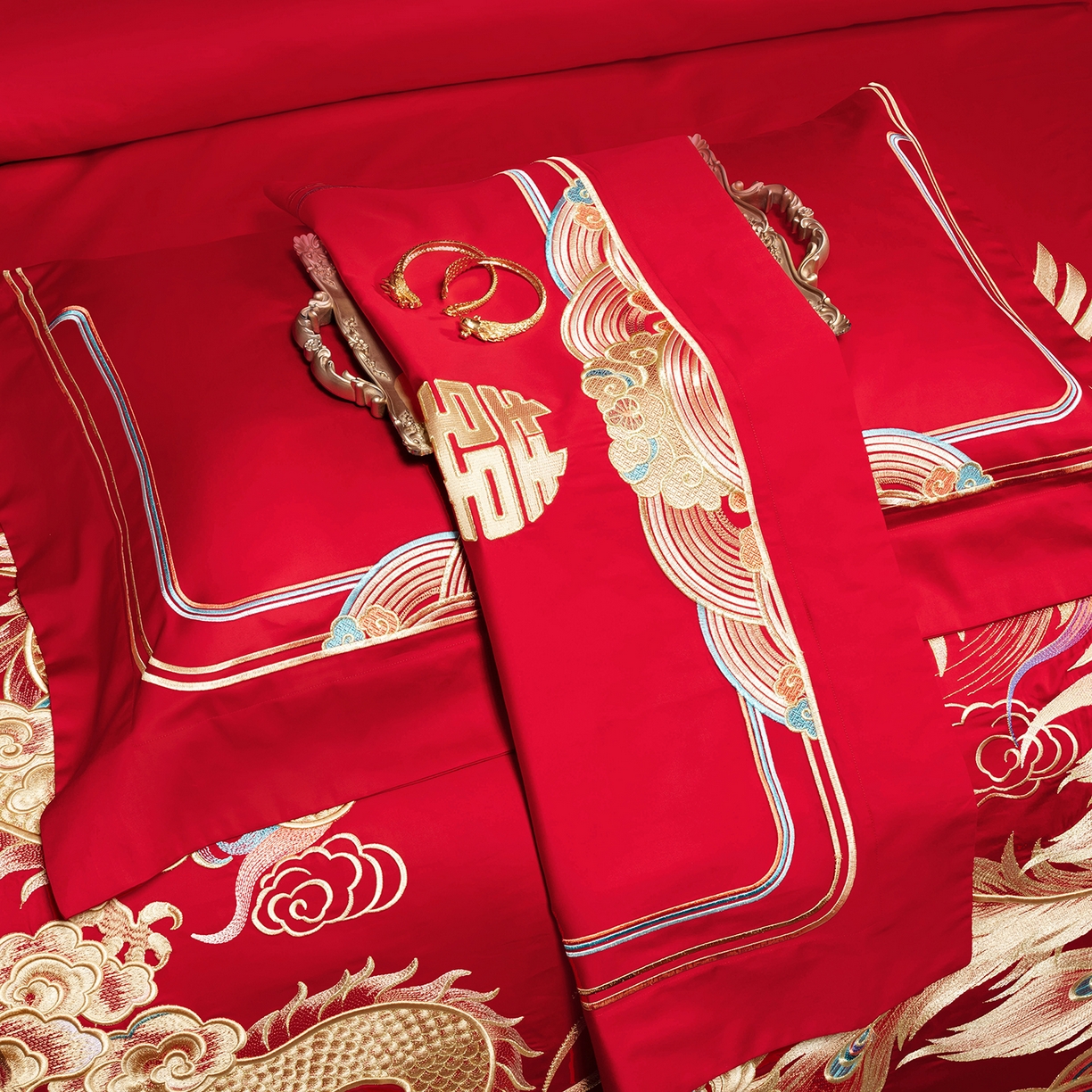 91家纺网 家纺一手货源 找家纺 柏拉图 2025新款100s长绒棉贡缎提花重工艺刺绣婚庆四件套多件套 天长地久