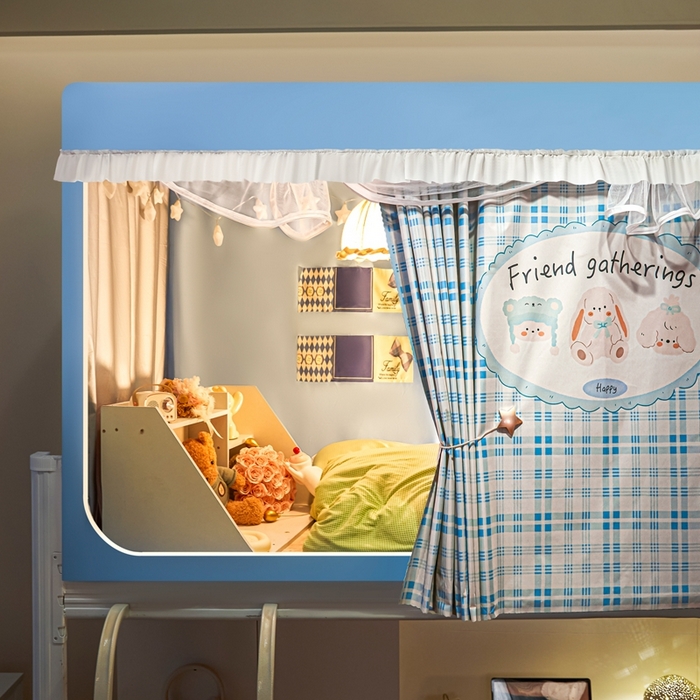 91家纺网 家纺一手货源 找家纺 卓尔居 2025新款学生遮光床帘涂层花边卡通系列-风格二 蓝纹兔