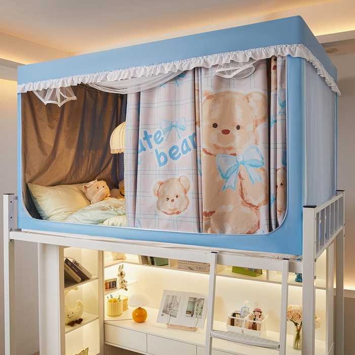 91家纺网 家纺一手货源 找家纺 卓尔居 2025新款学生遮光床帘涂层花边卡通系列-风格二 奶茶色小熊