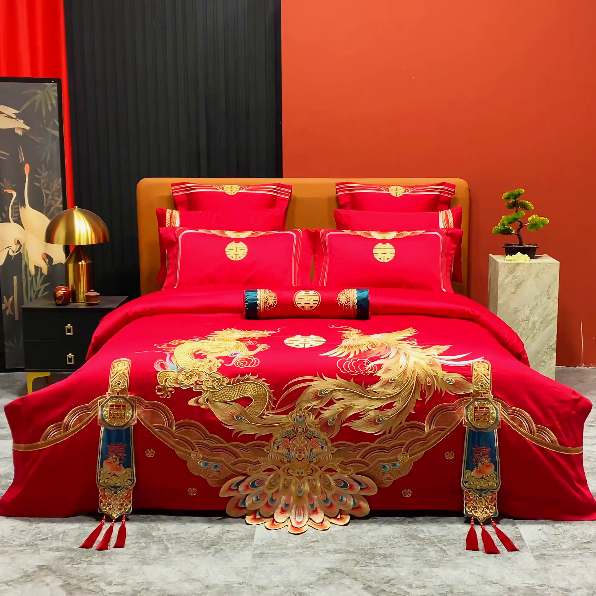 91家纺网 家纺一手货源 找家纺 柏拉图 2025新款100s长绒棉贡缎提花重工艺刺绣婚庆四件套多件套 天长地久