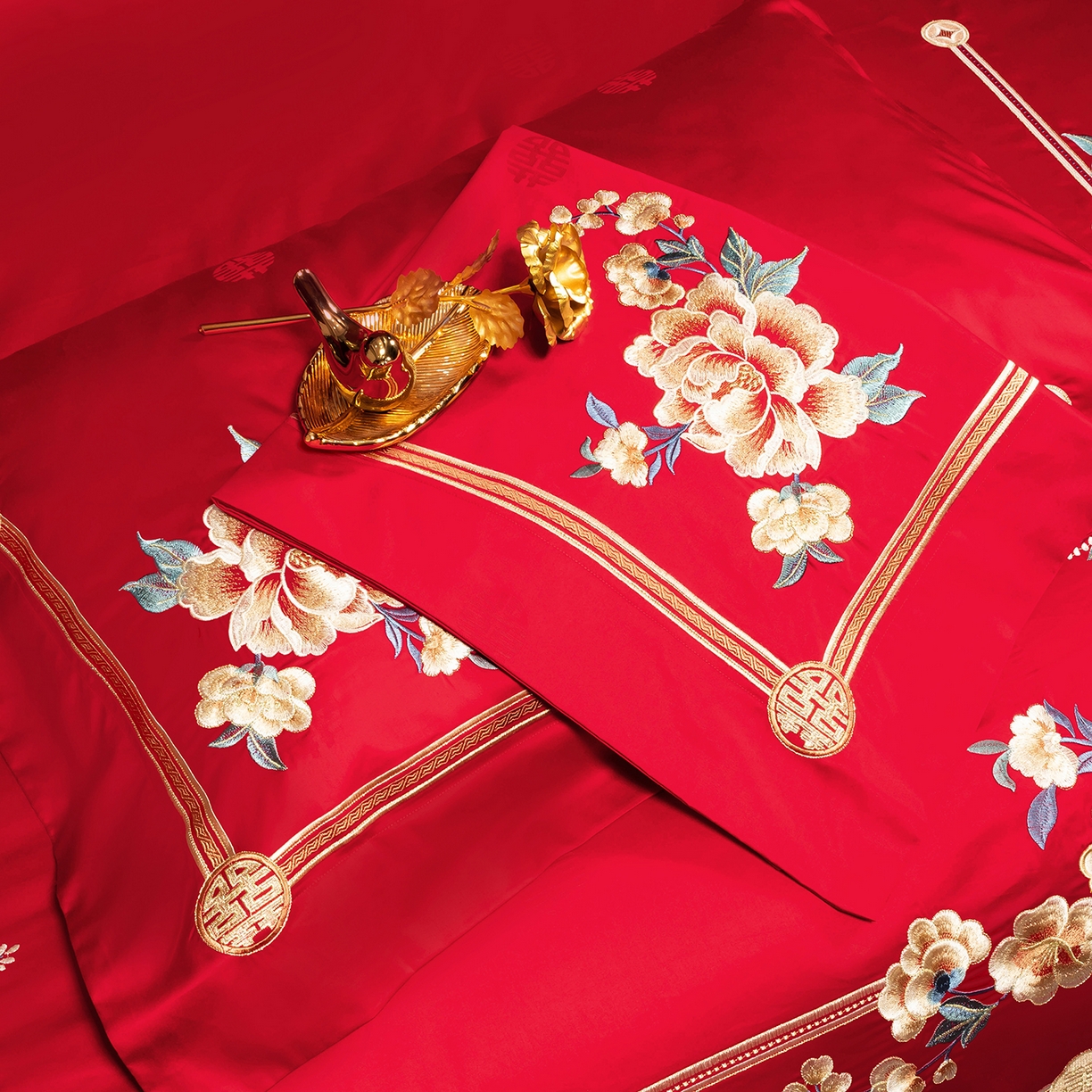 91家纺网 家纺一手货源 找家纺 柏拉图 2025新款100s长绒棉贡缎提花重工艺刺绣婚庆四件套多件套 百花贺喜