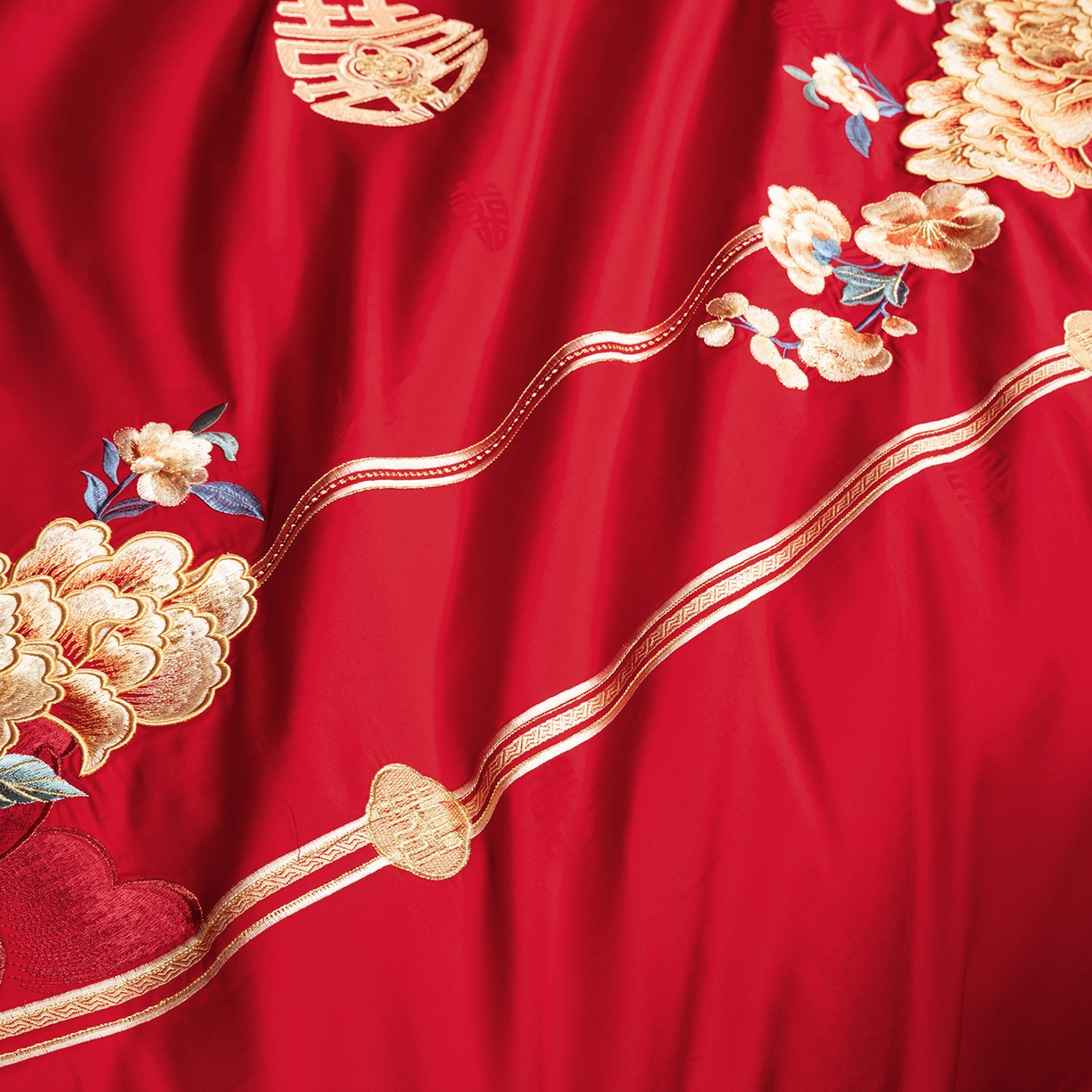 91家纺网 家纺一手货源 找家纺 柏拉图 2025新款100s长绒棉贡缎提花重工艺刺绣婚庆四件套多件套 百花贺喜