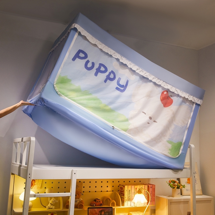 91家纺网 家纺一手货源 找家纺 卓尔居 2025新款学生遮光床帘涂层花边卡通系列-风格二 苹果小狗