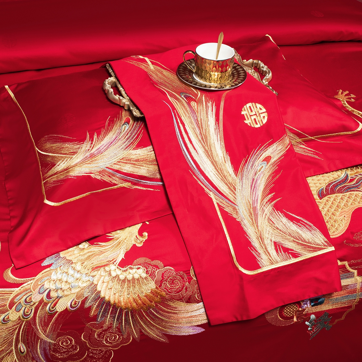 91家纺网 家纺一手货源 找家纺 柏拉图 2025新款100s长绒棉贡缎提花重工艺刺绣婚庆四件套多件套 龙凤百年