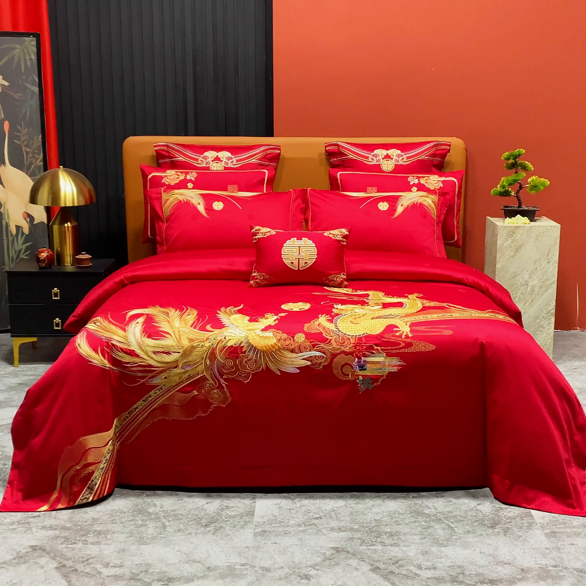 91家纺网 家纺一手货源 找家纺 柏拉图 2025新款100s长绒棉贡缎提花重工艺刺绣婚庆四件套多件套 龙凤百年