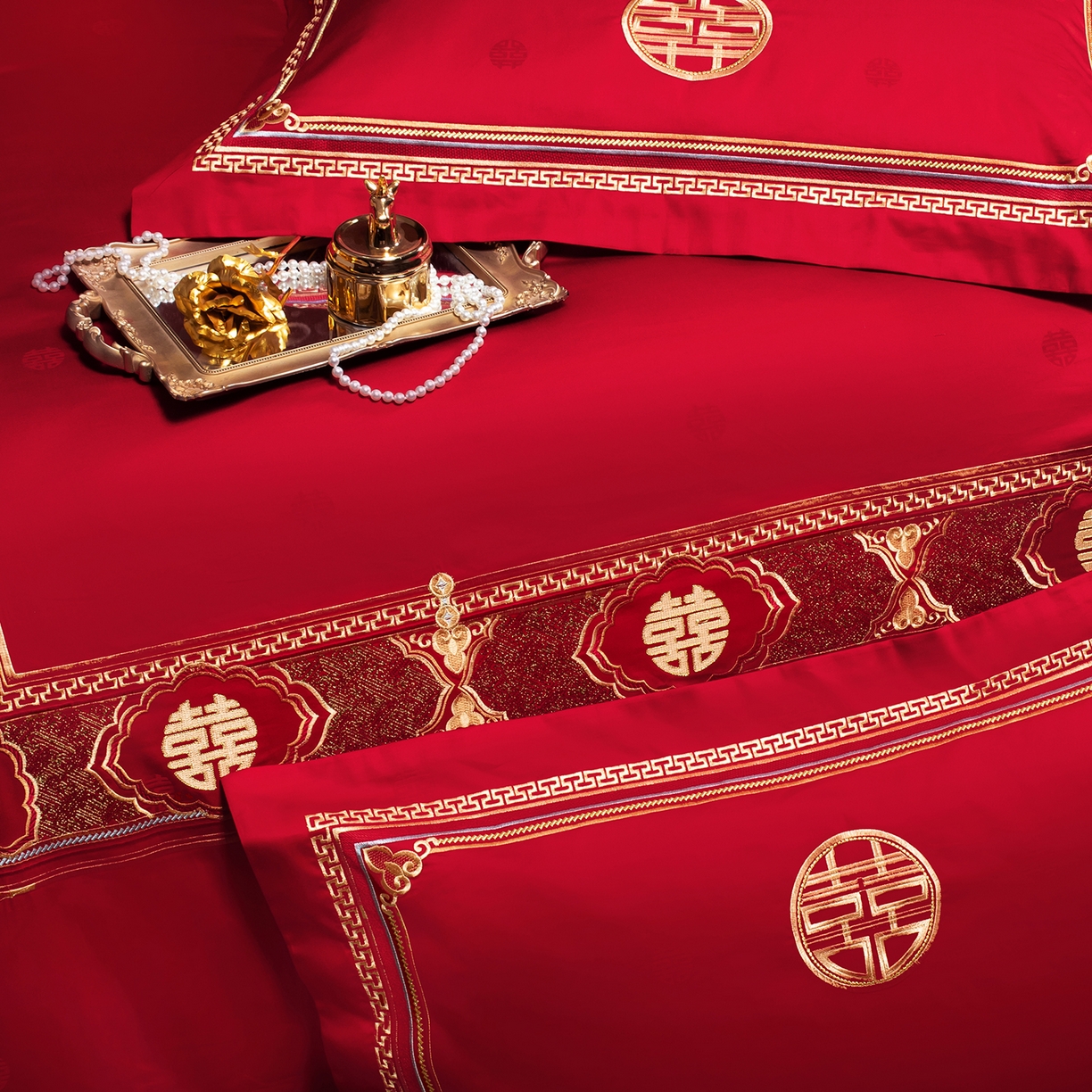 91家纺网 家纺一手货源 找家纺 柏拉图 2025新款100s长绒棉贡缎提花重工艺刺绣婚庆四件套多件套 香榭丽爱情