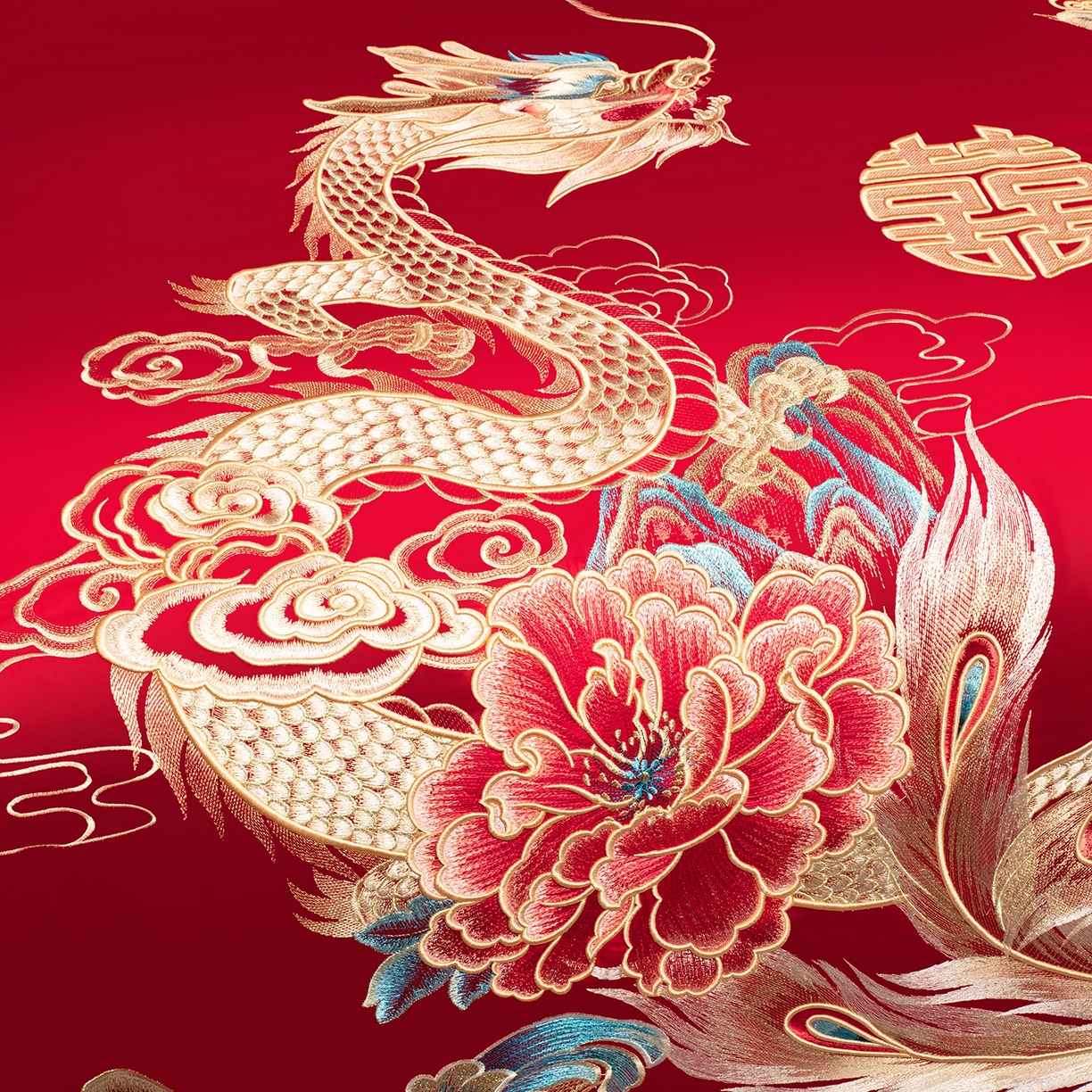 91家纺网 家纺一手货源 找家纺 柏拉图 2025新款100s长绒棉贡缎提花重工艺刺绣婚庆四件套多件套 龙凤添喜