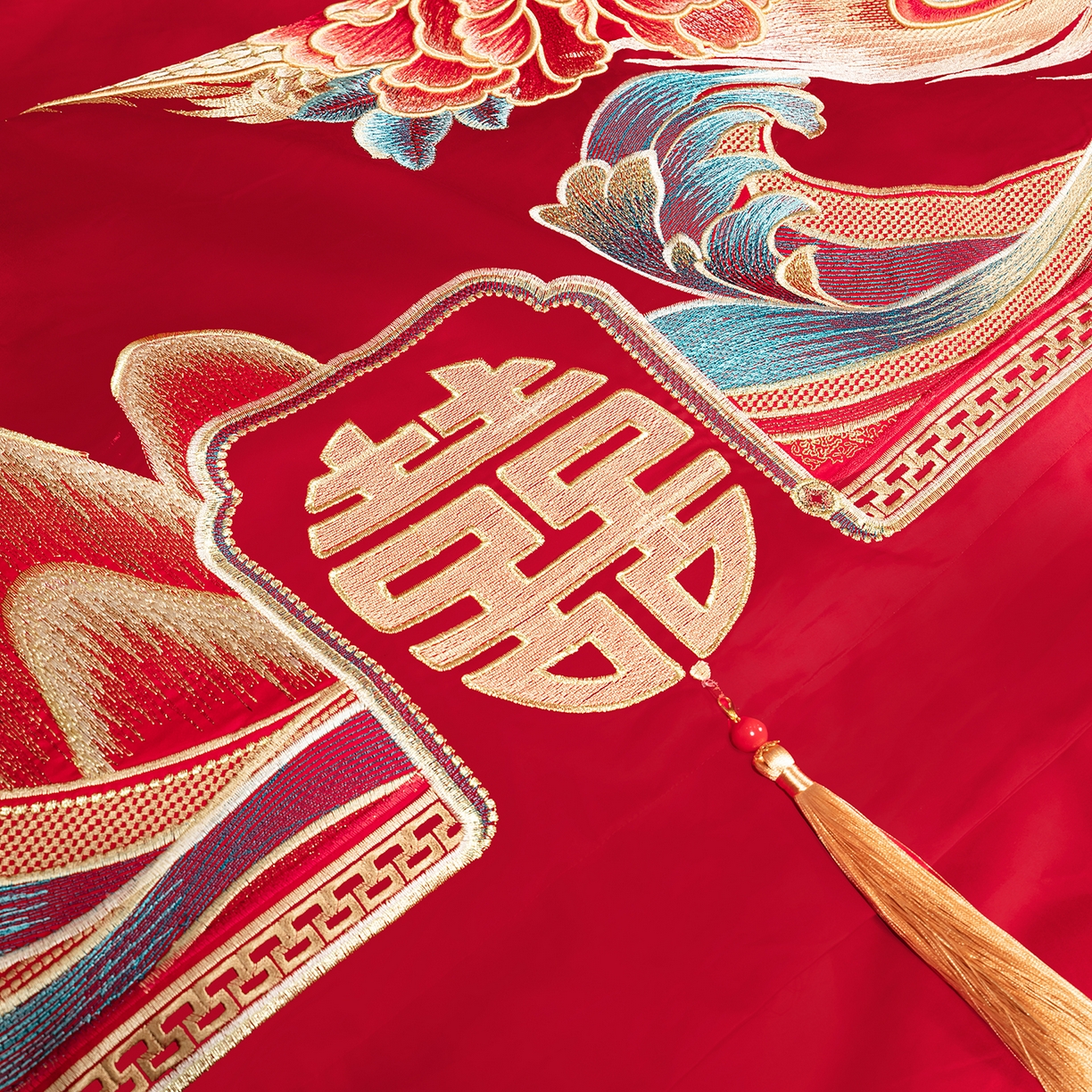 91家纺网 家纺一手货源 找家纺 柏拉图 2025新款100s长绒棉贡缎提花重工艺刺绣婚庆四件套多件套 龙凤添喜