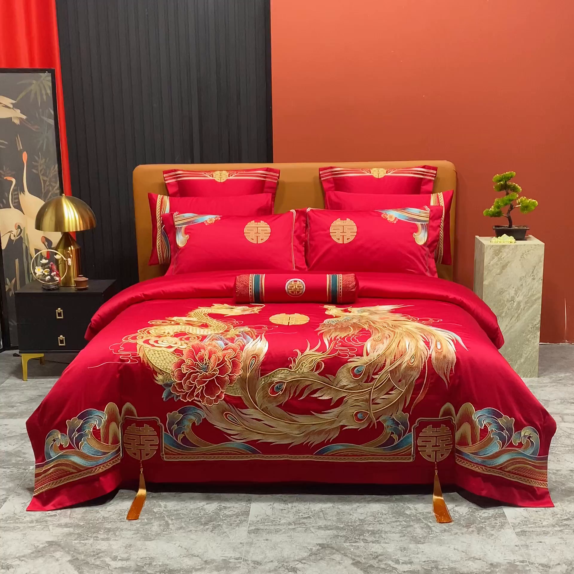 91家纺网 家纺一手货源 找家纺 柏拉图 2025新款100s长绒棉贡缎提花重工艺刺绣婚庆四件套多件套 龙凤添喜