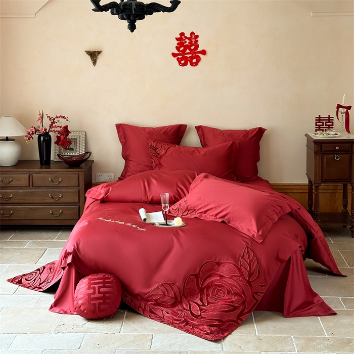 91家纺网 家纺一手货源 找家纺 （总）宏羽纺家纺 2025新款100s全棉纯棉贡缎法式刺绣花边四件套