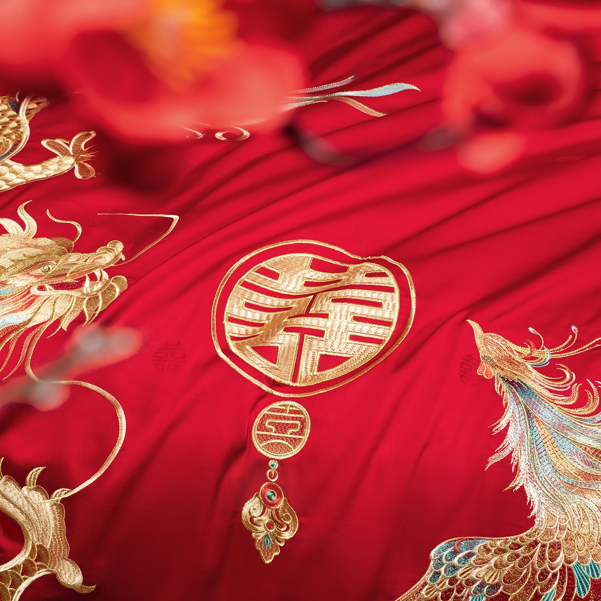 91家纺网 家纺一手货源 找家纺 柏拉图 2025新款100s长绒棉贡缎提花重工艺刺绣婚庆四件套多件套 龙凤情深