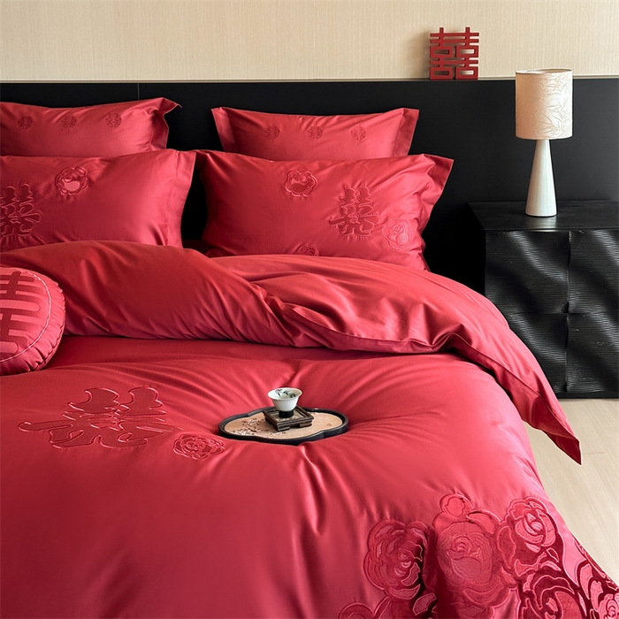 91家纺网 家纺一手货源 找家纺 宏羽纺家纺 2025新款100s全棉纯棉贡缎司马棉法式刺绣花边四件套-爱情模样