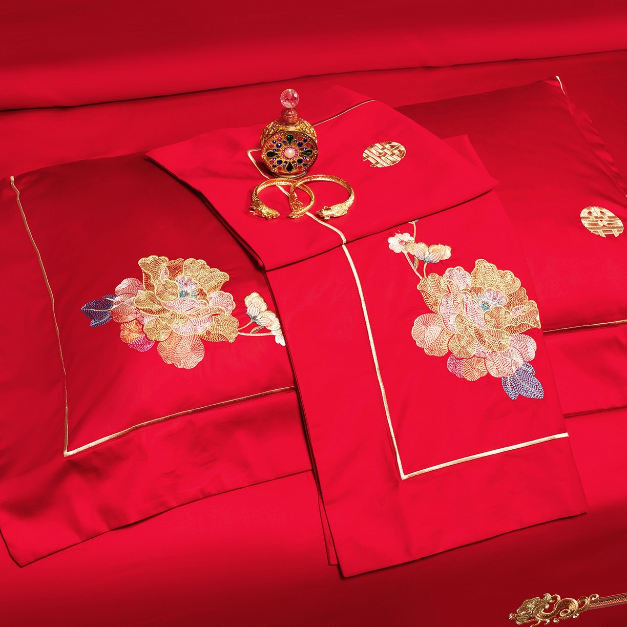 91家纺网 家纺一手货源 找家纺 柏拉图 2025新款100s贡缎长绒棉提花婚庆系列四件套多件套 浪漫花语