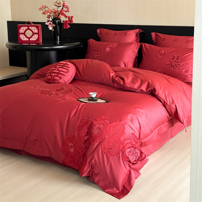 91家纺网 家纺一手货源 找家纺 宏羽纺家纺 2025新款100s全棉纯棉贡缎司马棉法式刺绣花边四件套-爱情模样