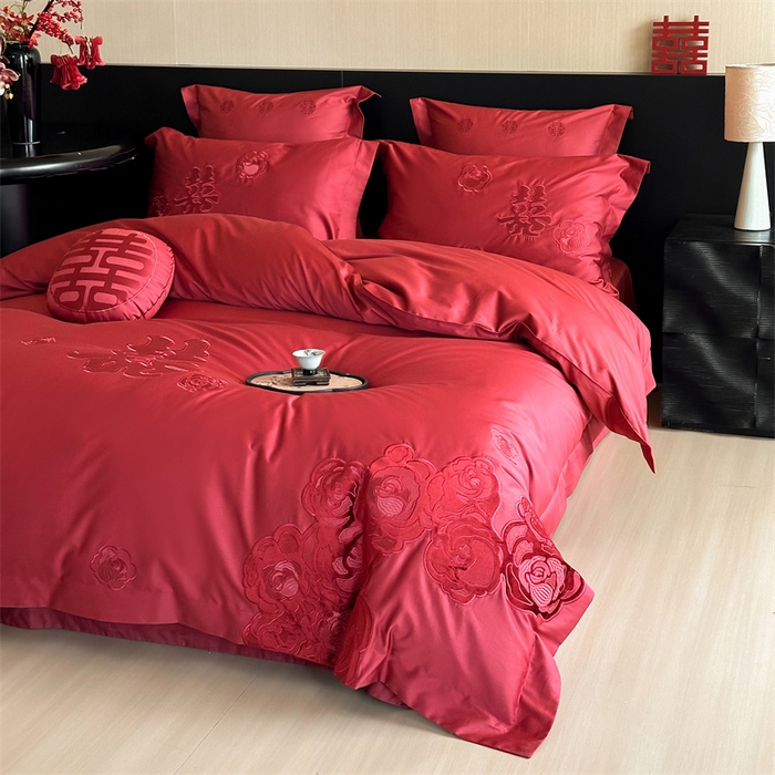 91家纺网 家纺一手货源 找家纺 宏羽纺家纺 2025新款100s全棉纯棉贡缎司马棉法式刺绣花边四件套-爱情模样