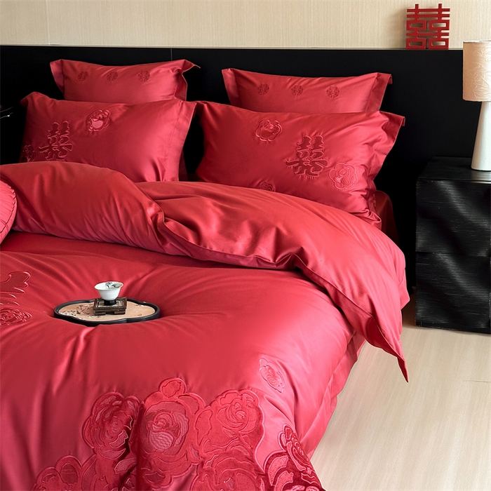 91家纺网 家纺一手货源 找家纺 宏羽纺家纺 2025新款100s全棉纯棉贡缎司马棉法式刺绣花边四件套-爱情模样