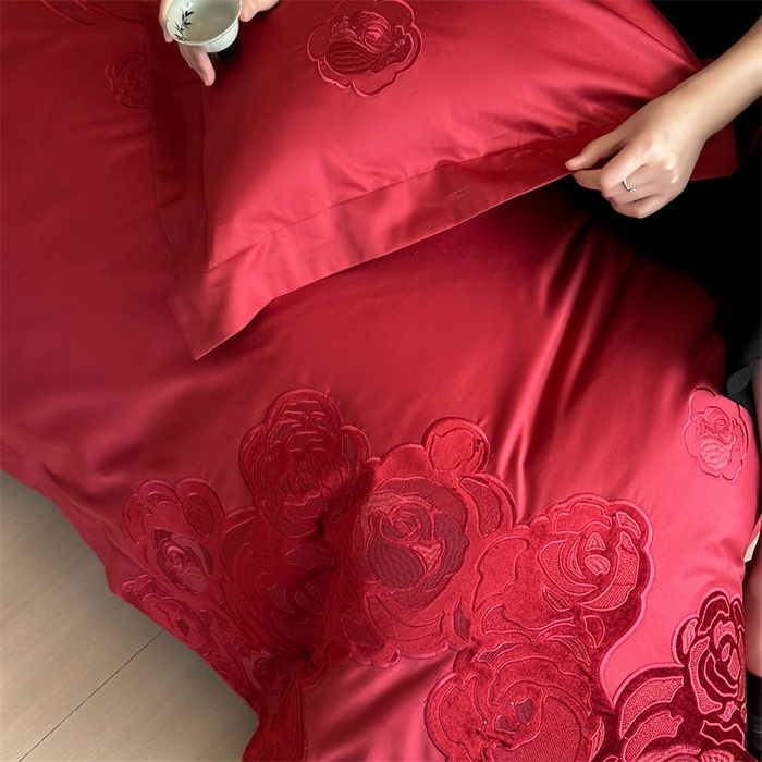 91家纺网 家纺一手货源 找家纺 宏羽纺家纺 2025新款100s全棉纯棉贡缎司马棉法式刺绣花边四件套-爱情模样