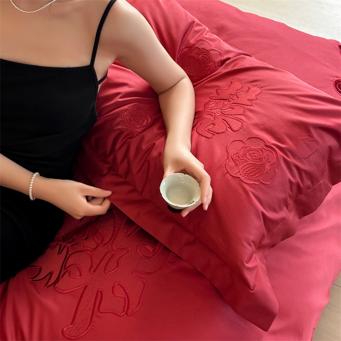 91家纺网 家纺一手货源 找家纺 宏羽纺家纺 2025新款100s全棉纯棉贡缎司马棉法式刺绣花边四件套-爱情模样