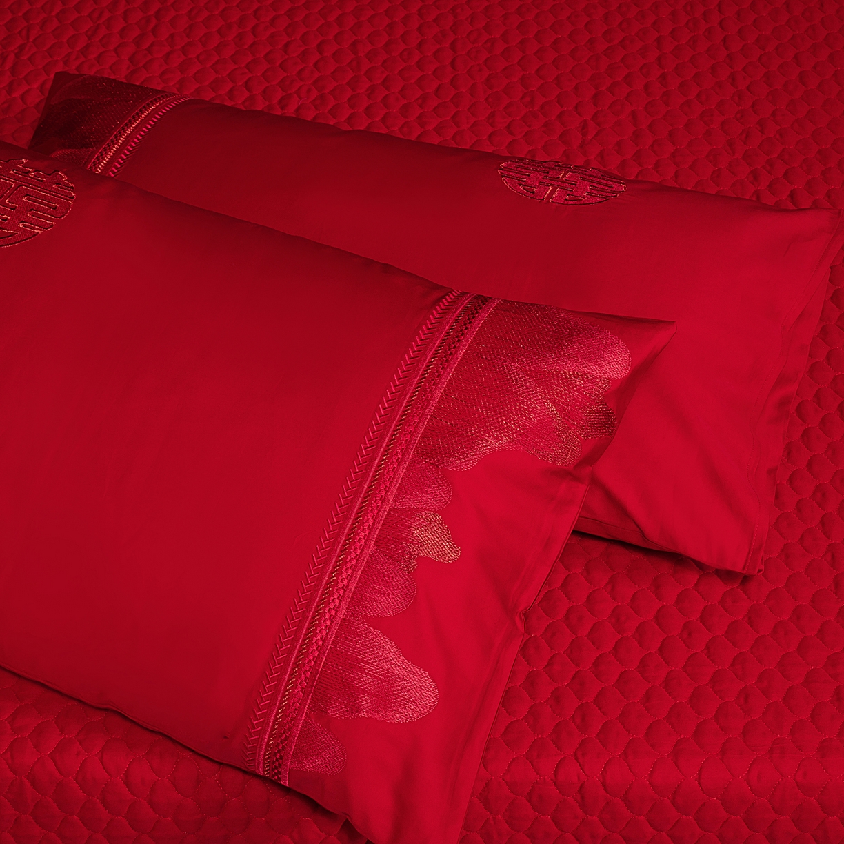 91家纺网 家纺一手货源 找家纺 柏拉图 2025新款100s贡缎长绒棉提花婚庆系列四件套多件套 锦绣年华红