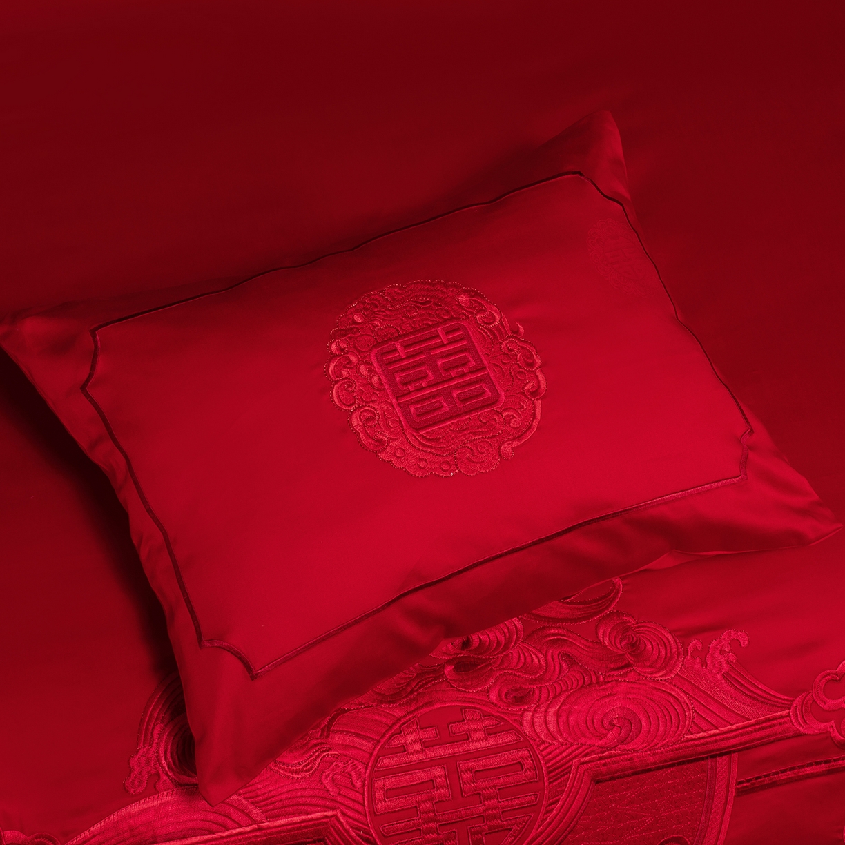 91家纺网 家纺一手货源 找家纺 柏拉图 2025新款100s贡缎长绒棉提花婚庆系列四件套多件套 锦绣年华红