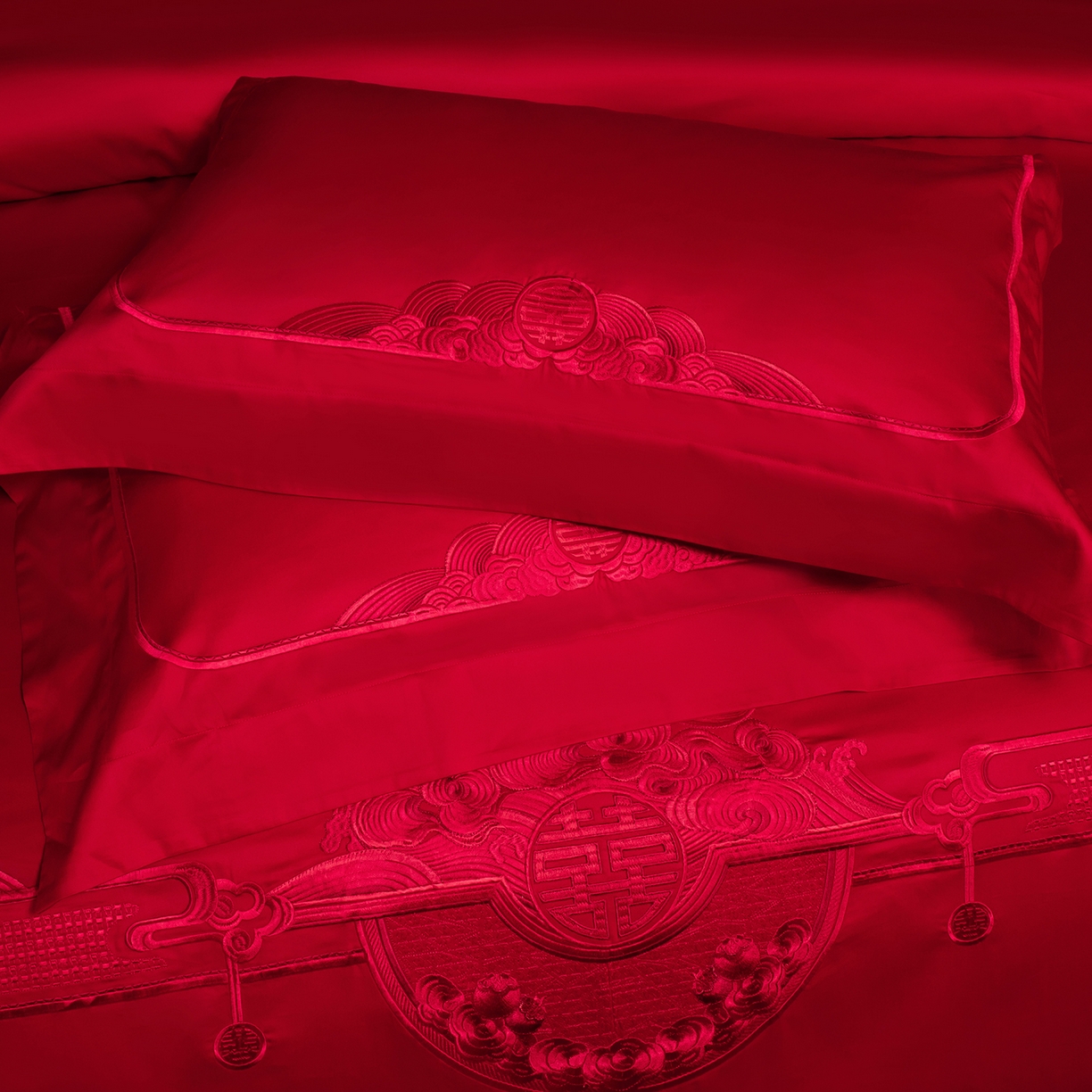 91家纺网 家纺一手货源 找家纺 柏拉图 2025新款100s贡缎长绒棉提花婚庆系列四件套多件套 锦绣年华红