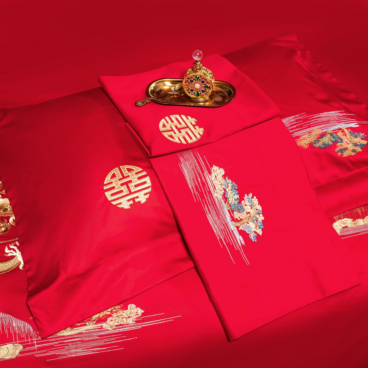 91家纺网 家纺一手货源 找家纺 柏拉图 2025新款100s贡缎长绒棉提花婚庆系列四件套多件套 千禧龙凤