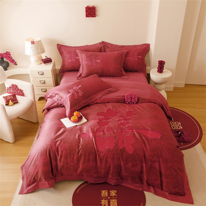 宏羽纺家纺 2025新款100s全棉纯棉贡缎司马棉法式刺绣花边四件套-江山画-红
