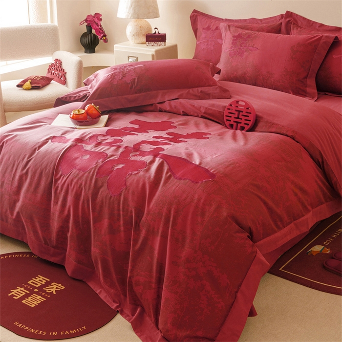 91家纺网 家纺一手货源 找家纺 宏羽纺家纺 2025新款100s全棉纯棉贡缎司马棉法式刺绣花边四件套-江山画-红