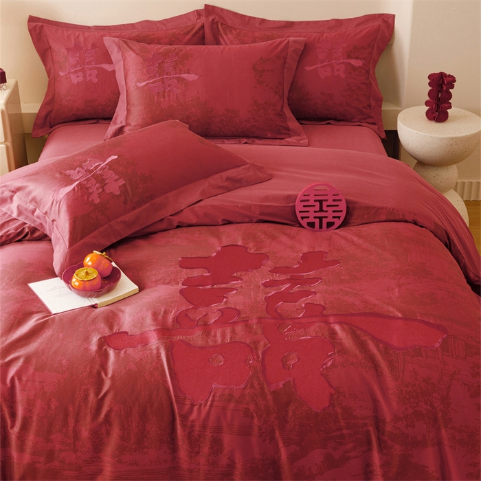 91家纺网 家纺一手货源 找家纺 宏羽纺家纺 2025新款100s全棉纯棉贡缎司马棉法式刺绣花边四件套-江山画-红