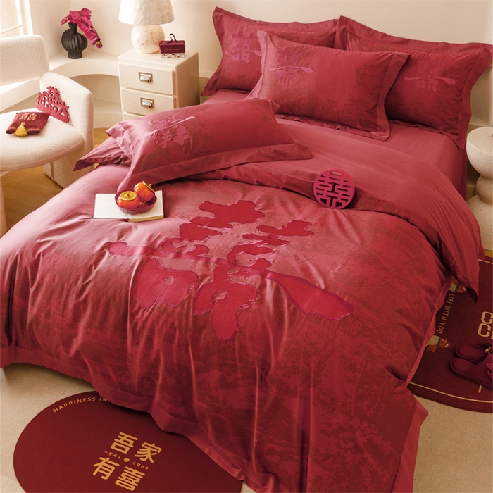 91家纺网 家纺一手货源 找家纺 宏羽纺家纺 2025新款100s全棉纯棉贡缎司马棉法式刺绣花边四件套-江山画-红