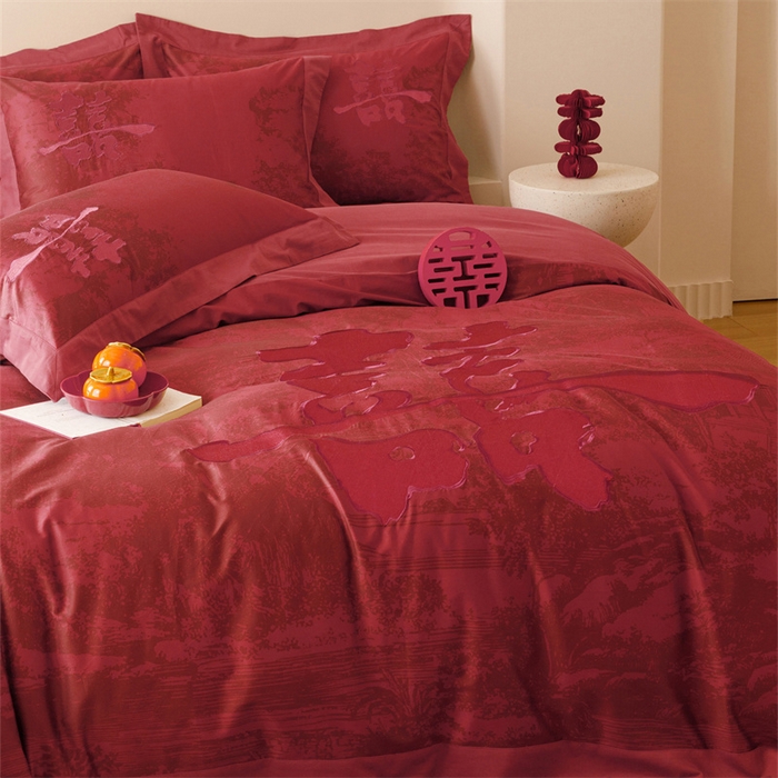 91家纺网 家纺一手货源 找家纺 宏羽纺家纺 2025新款100s全棉纯棉贡缎司马棉法式刺绣花边四件套-江山画-红