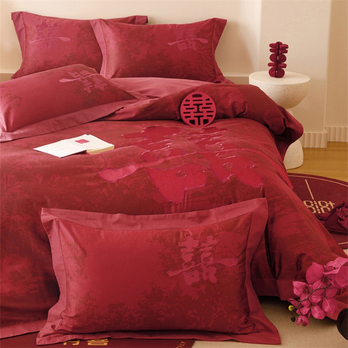 91家纺网 家纺一手货源 找家纺 宏羽纺家纺 2025新款100s全棉纯棉贡缎司马棉法式刺绣花边四件套-江山画-红