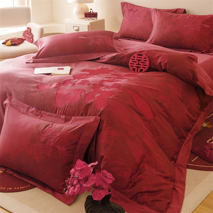 91家纺网 家纺一手货源 找家纺 宏羽纺家纺 2025新款100s全棉纯棉贡缎司马棉法式刺绣花边四件套-江山画-红