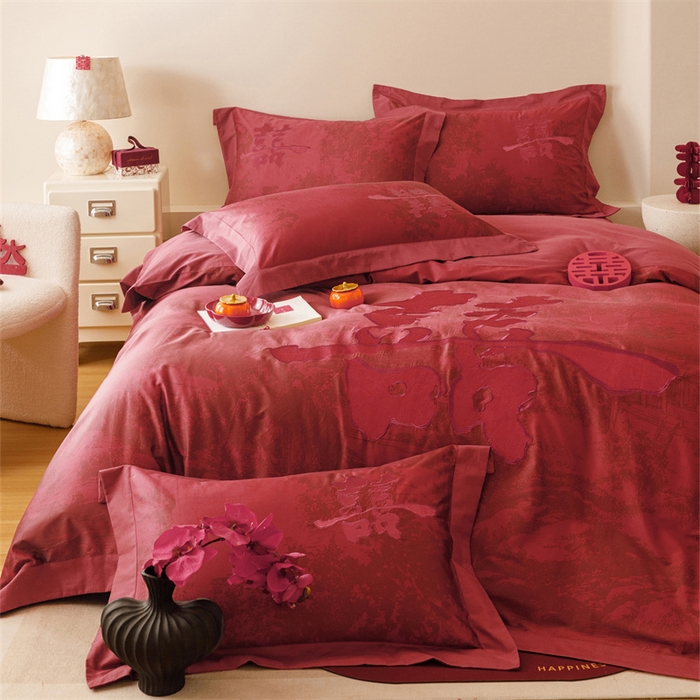 91家纺网 家纺一手货源 找家纺 宏羽纺家纺 2025新款100s全棉纯棉贡缎司马棉法式刺绣花边四件套-江山画-红