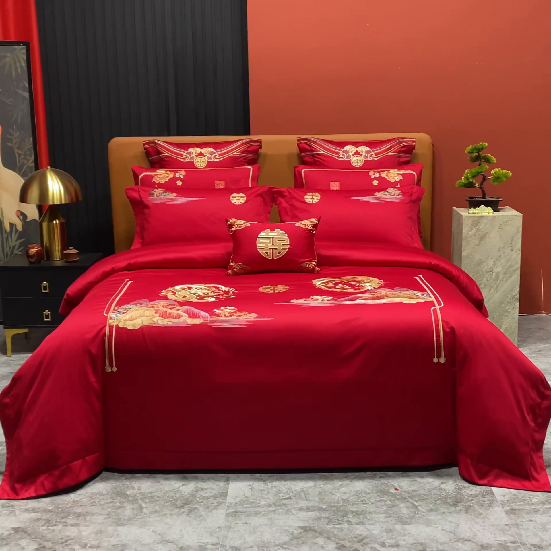 91家纺网 家纺一手货源 找家纺 柏拉图 2025新款100s贡缎长绒棉提花婚庆系列四件套多件套 千禧龙凤