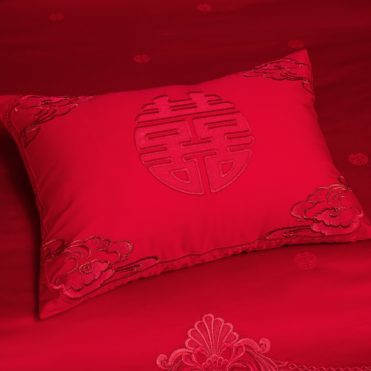 91家纺网 家纺一手货源 找家纺 柏拉图 2025新款100s贡缎长绒棉提花婚庆系列四件套多件套 爱的盛宴-红
