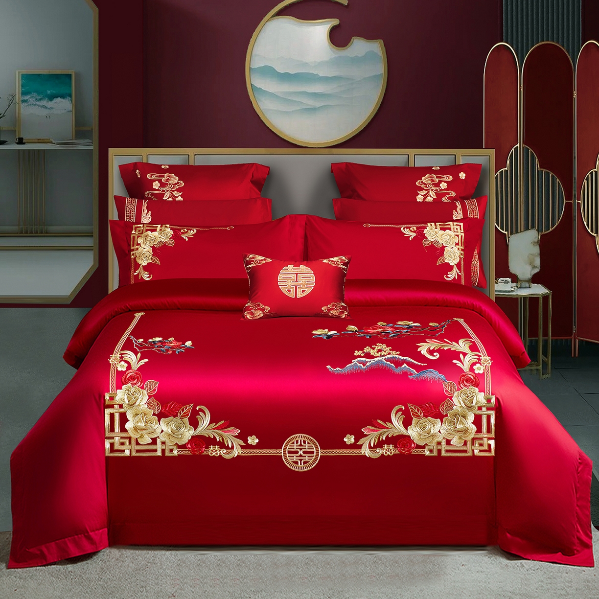 柏拉图 2025新款100s贡缎长绒棉提花婚庆系列四件套多件套 花开迎喜