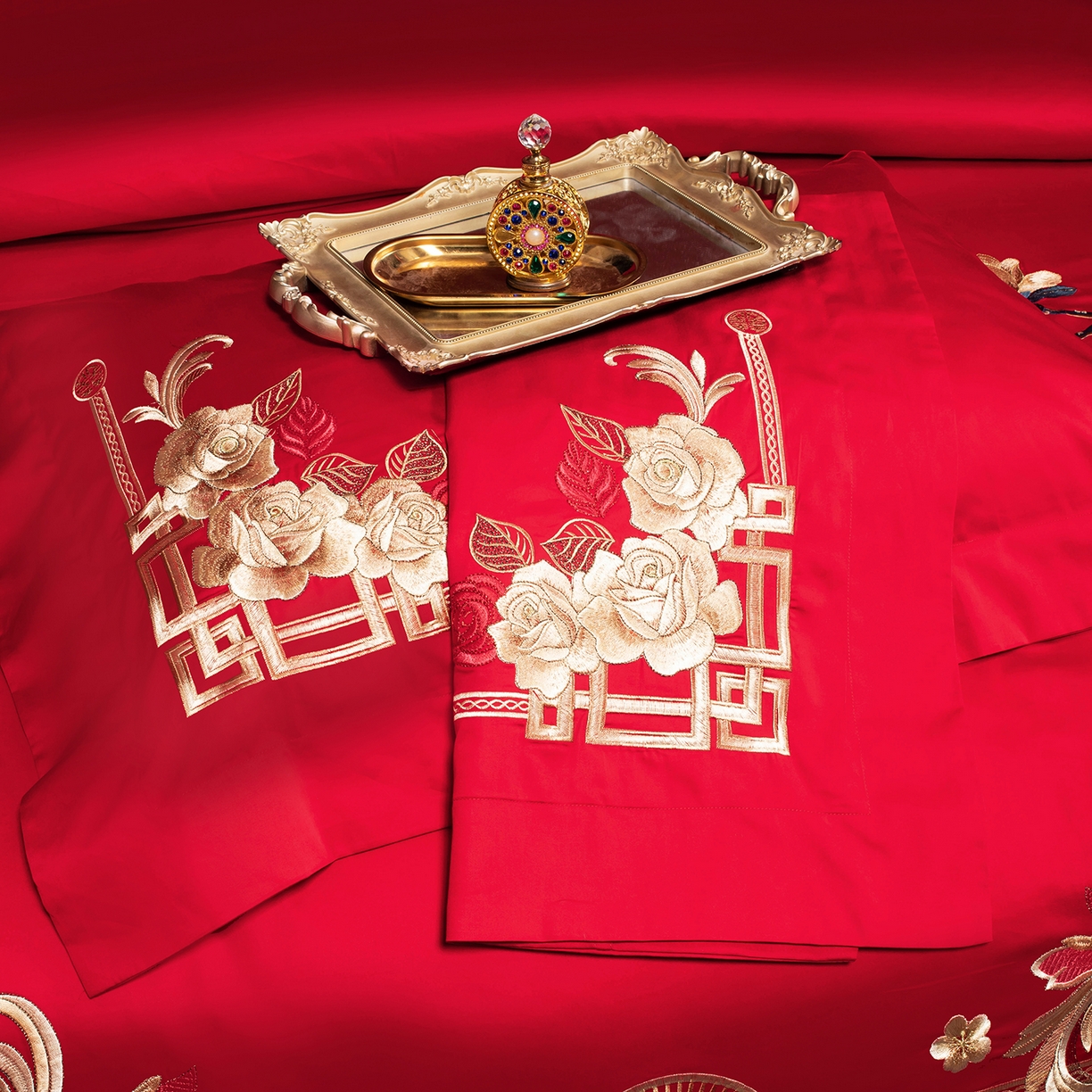 91家纺网 家纺一手货源 找家纺 柏拉图 2025新款100s贡缎长绒棉提花婚庆系列四件套多件套 花开迎喜