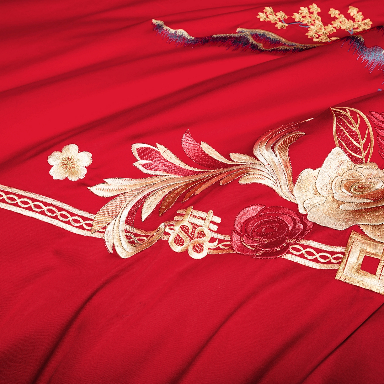 91家纺网 家纺一手货源 找家纺 柏拉图 2025新款100s贡缎长绒棉提花婚庆系列四件套多件套 花开迎喜