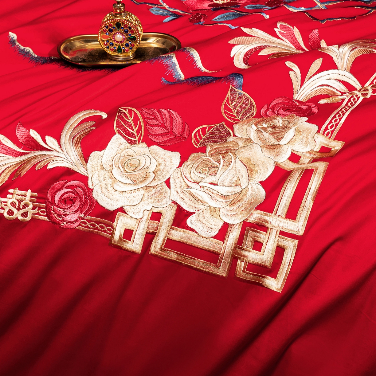 91家纺网 家纺一手货源 找家纺 柏拉图 2025新款100s贡缎长绒棉提花婚庆系列四件套多件套 花开迎喜