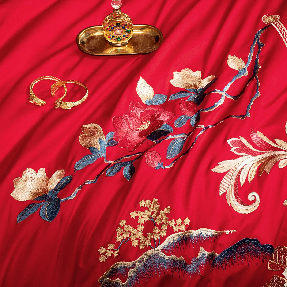 91家纺网 家纺一手货源 找家纺 柏拉图 2025新款100s贡缎长绒棉提花婚庆系列四件套多件套 花开迎喜