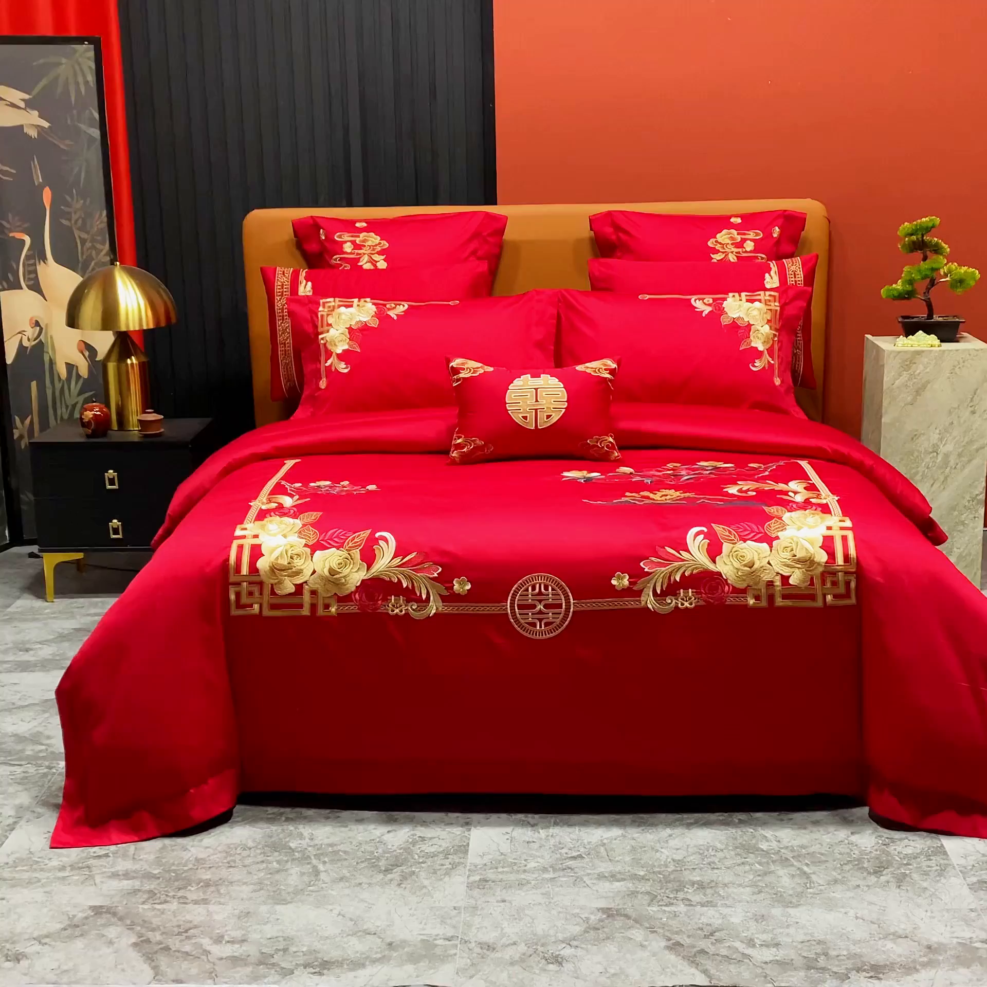 91家纺网 家纺一手货源 找家纺 柏拉图 2025新款100s贡缎长绒棉提花婚庆系列四件套多件套 花开迎喜