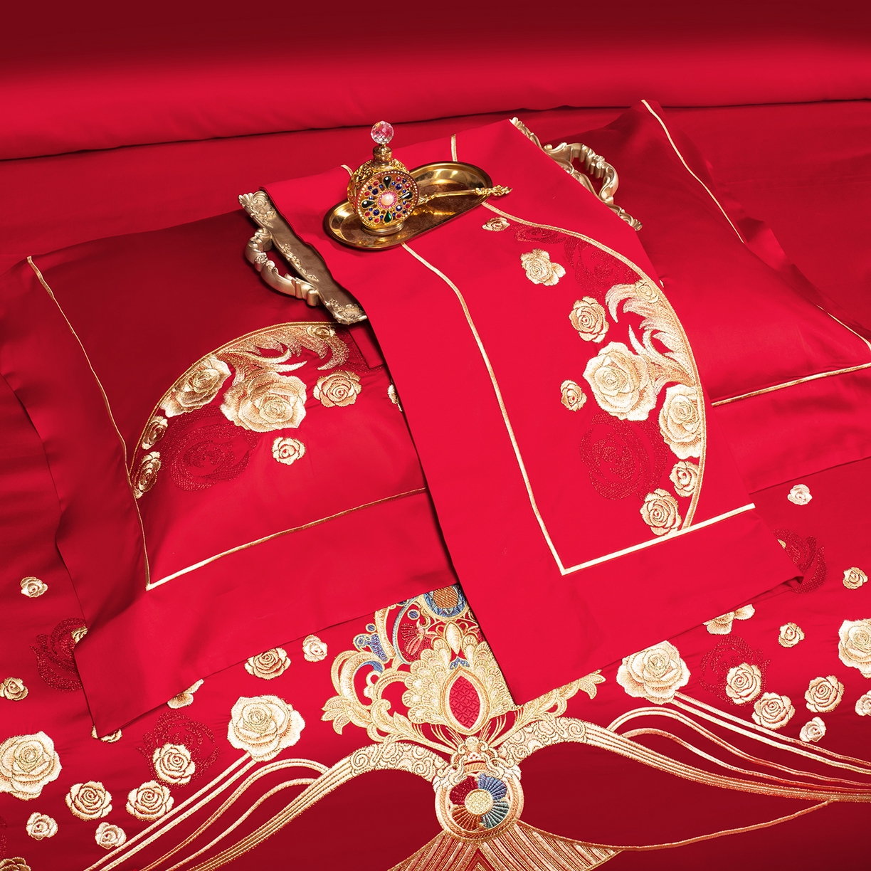 91家纺网 家纺一手货源 找家纺 柏拉图 2025新款100s贡缎长绒棉提花婚庆系列四件套多件套 浪漫婚约