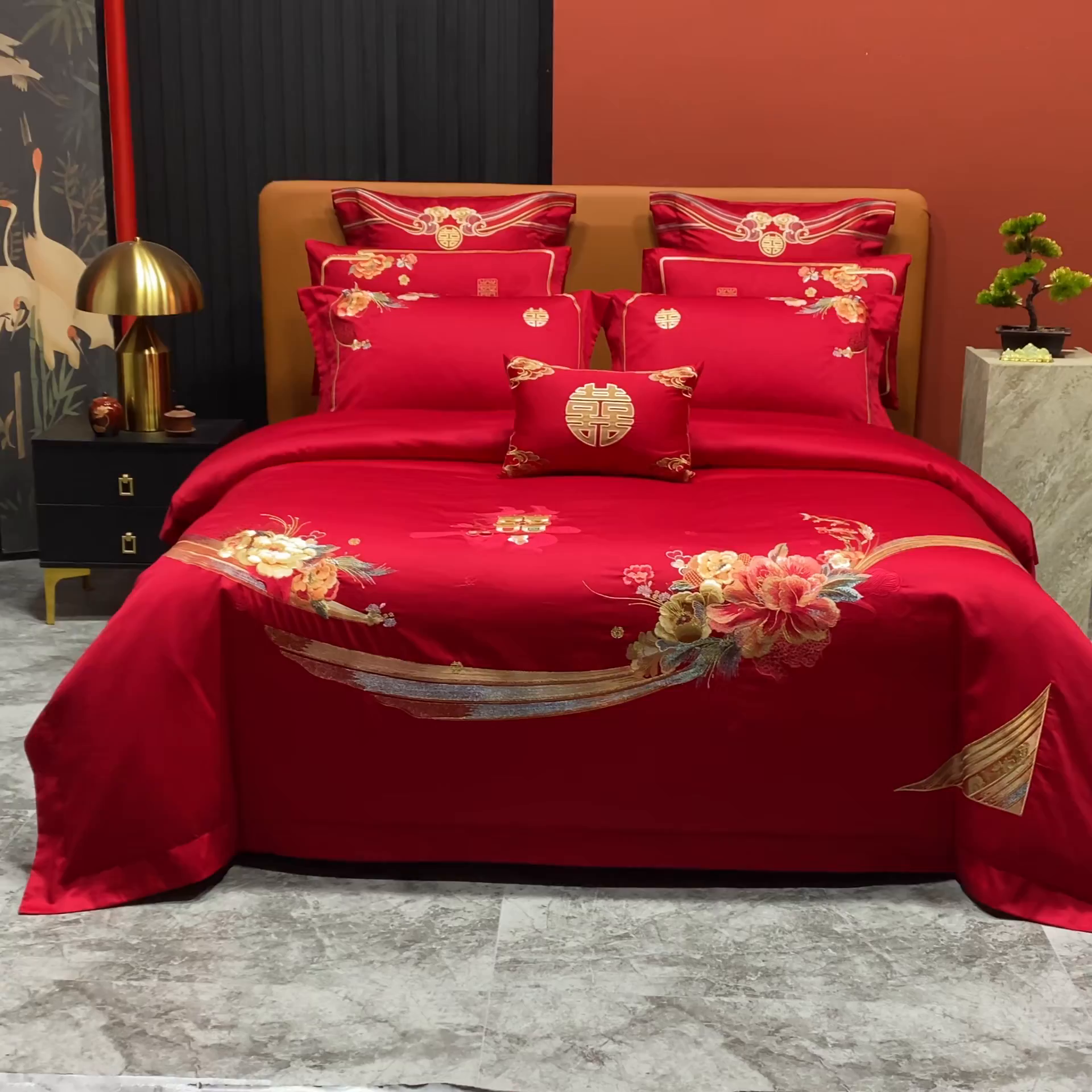 91家纺网 家纺一手货源 找家纺 柏拉图 2025新款100s贡缎长绒棉提花婚庆系列四件套多件套 幸福花海