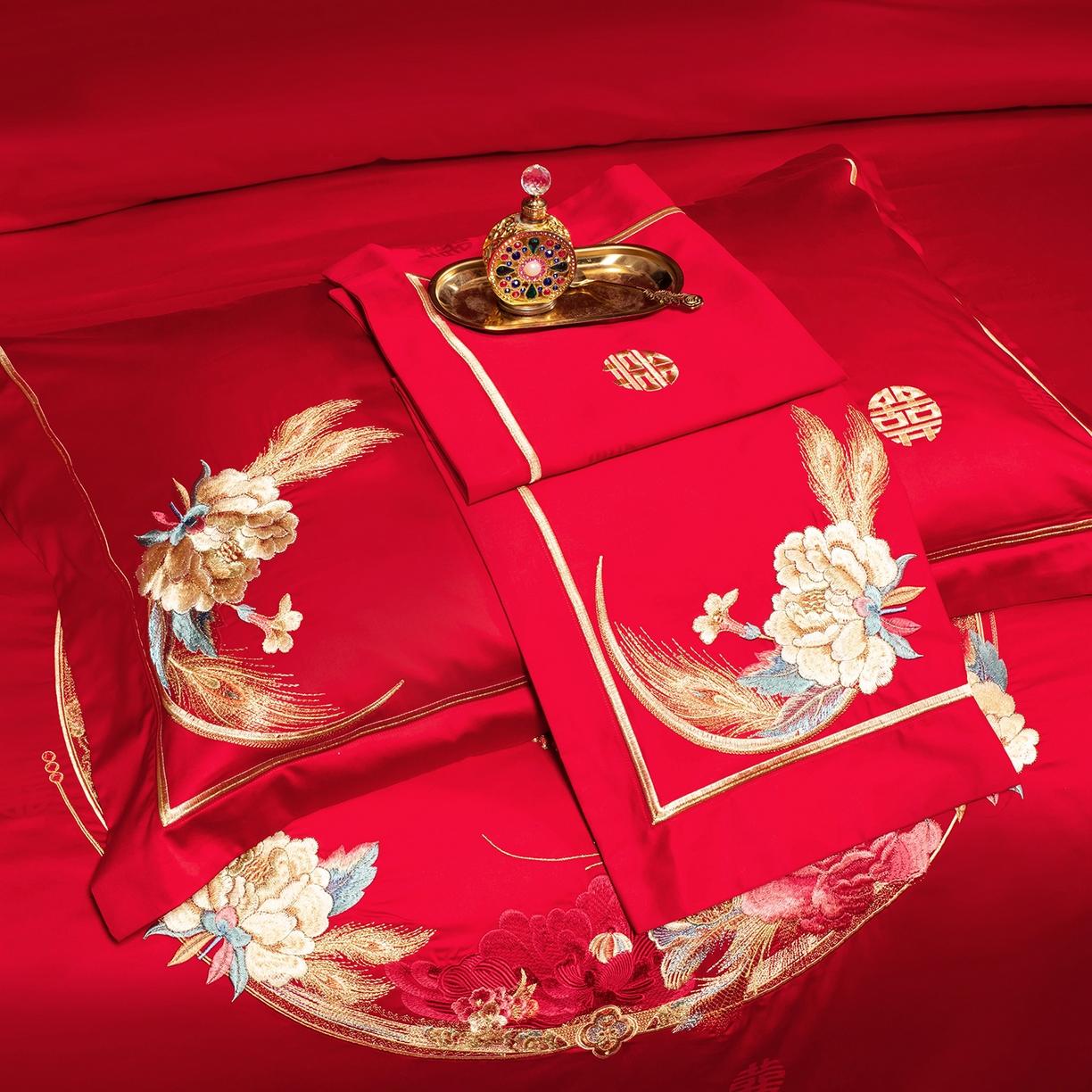 91家纺网 家纺一手货源 找家纺 柏拉图 2025新款100s贡缎长绒棉提花婚庆系列四件套多件套 美梦情缘