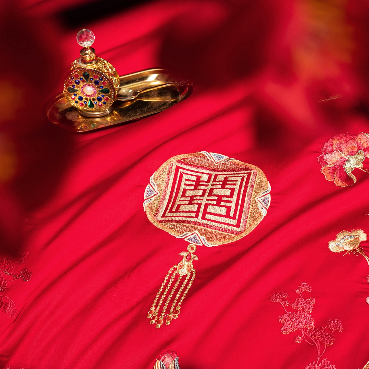 91家纺网 家纺一手货源 找家纺 柏拉图 2025新款100s贡缎长绒棉提花婚庆系列四件套多件套 美梦情缘