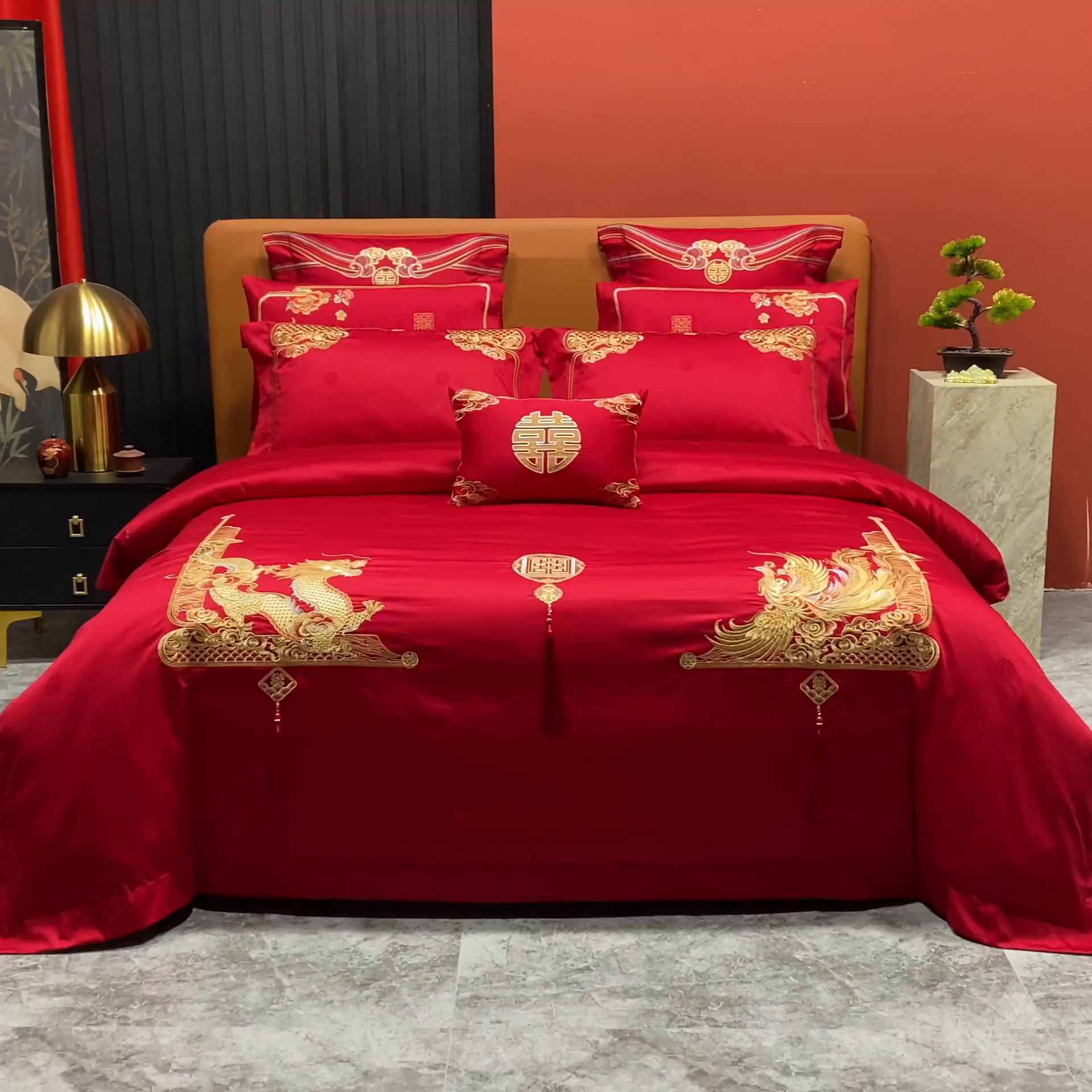 91家纺网 家纺一手货源 找家纺 柏拉图 2025新款100s贡缎长绒棉提花婚庆系列四件套多件套 佳偶天成