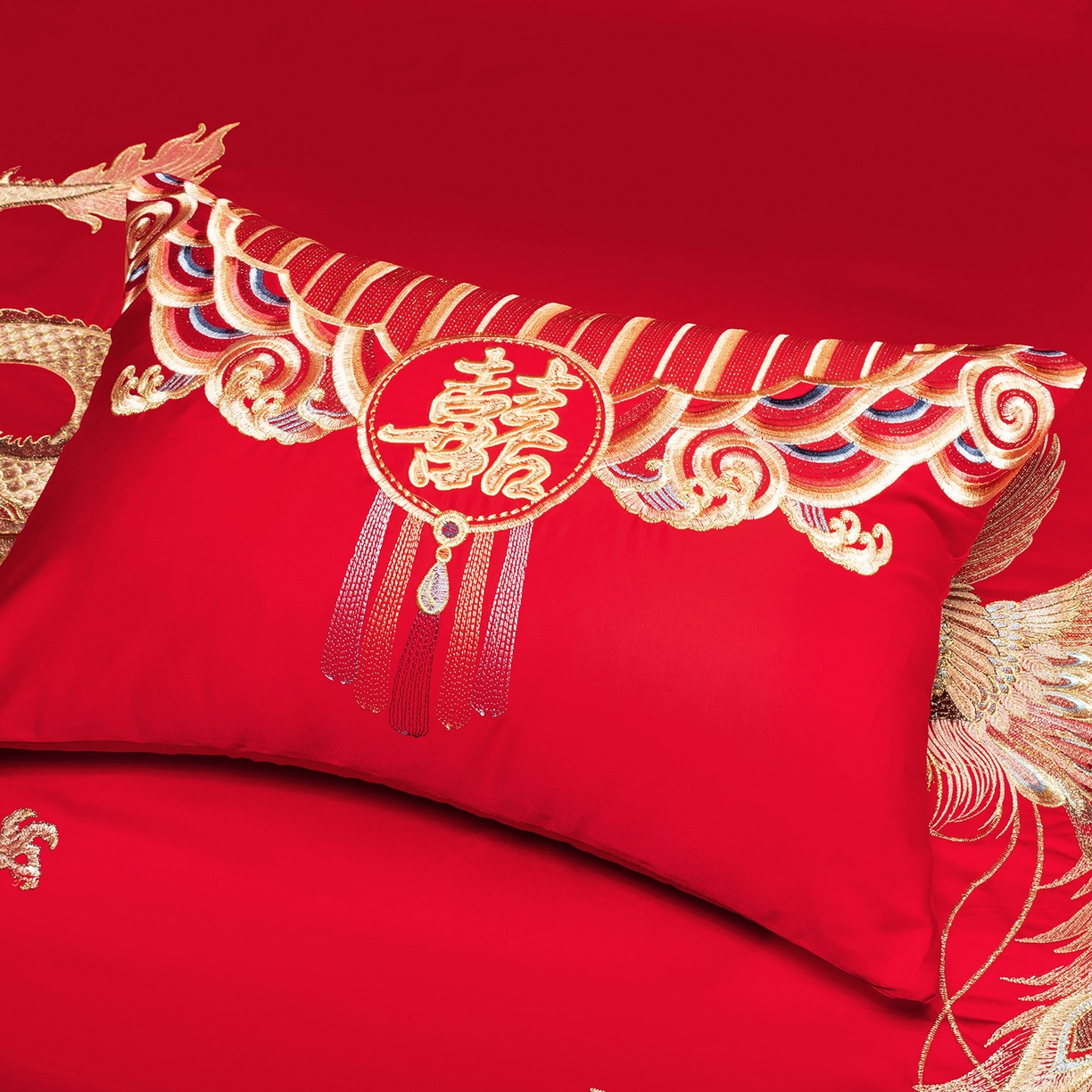 91家纺网 家纺一手货源 找家纺 柏拉图 2025新款100s贡缎长绒棉提花婚庆系列四件套多件套 龙凤爱恋